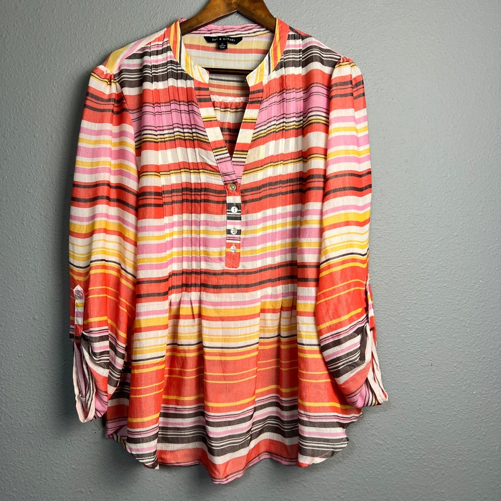 Zac & Rachel Coastal Striped Tunic‎ Top Roll Tab SL Casual Button Up Blouse XL